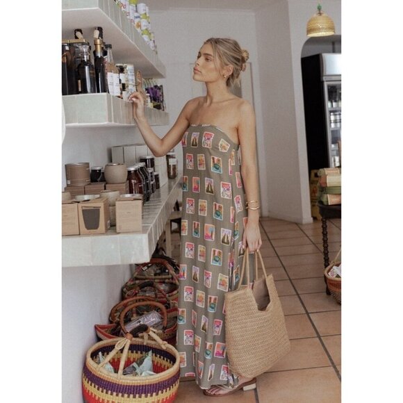 Petal And Pup Dresses & Skirts - Petal & Pup Aoife Olive Stamp Print Maxi Dress XS Linen Blend Summer Vacation